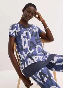 bonprix Shirts & Tops^Long-Shirt mit Kurzarm indigo/nachtblau/naturbeige bedruckt