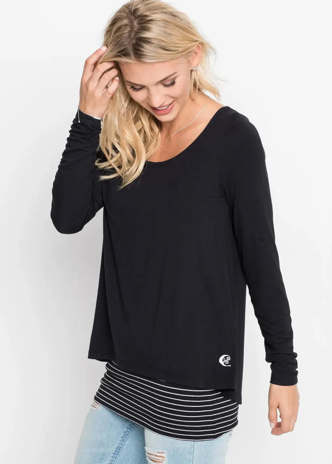 bonprix Nachhaltigere Materialien|Shirts & Tops^Longshirt mit Langarm doppellagig schwarz/weiß geringelt