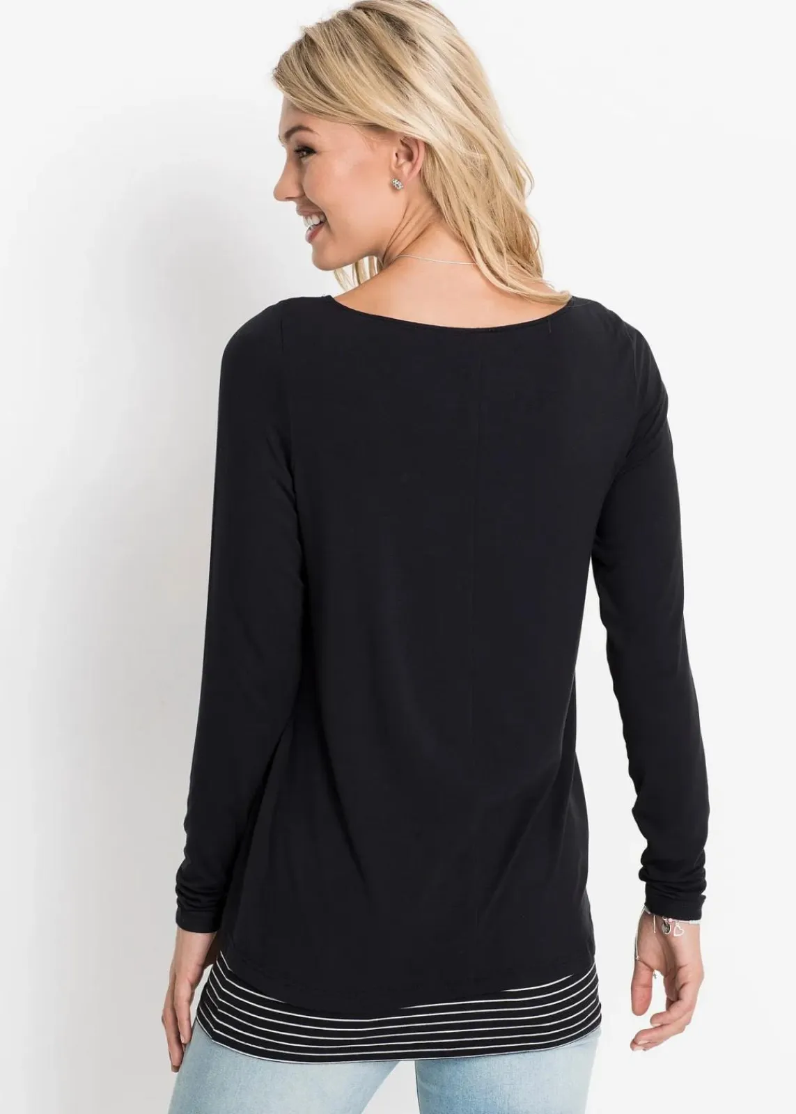 bonprix Nachhaltigere Materialien|Shirts & Tops^Longshirt mit Langarm doppellagig schwarz/weiß geringelt