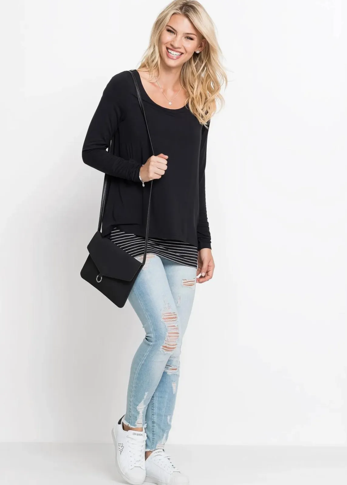 bonprix Nachhaltigere Materialien|Shirts & Tops^Longshirt mit Langarm doppellagig schwarz/weiß geringelt