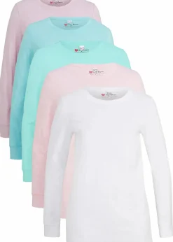 bonprix Shirts & Tops|Basics^Longshirt mit Rundhalsausschnitt, Langarm (5er Pack) kristallrosa + pastellmint + mattaqua + rauchflieder + weiß