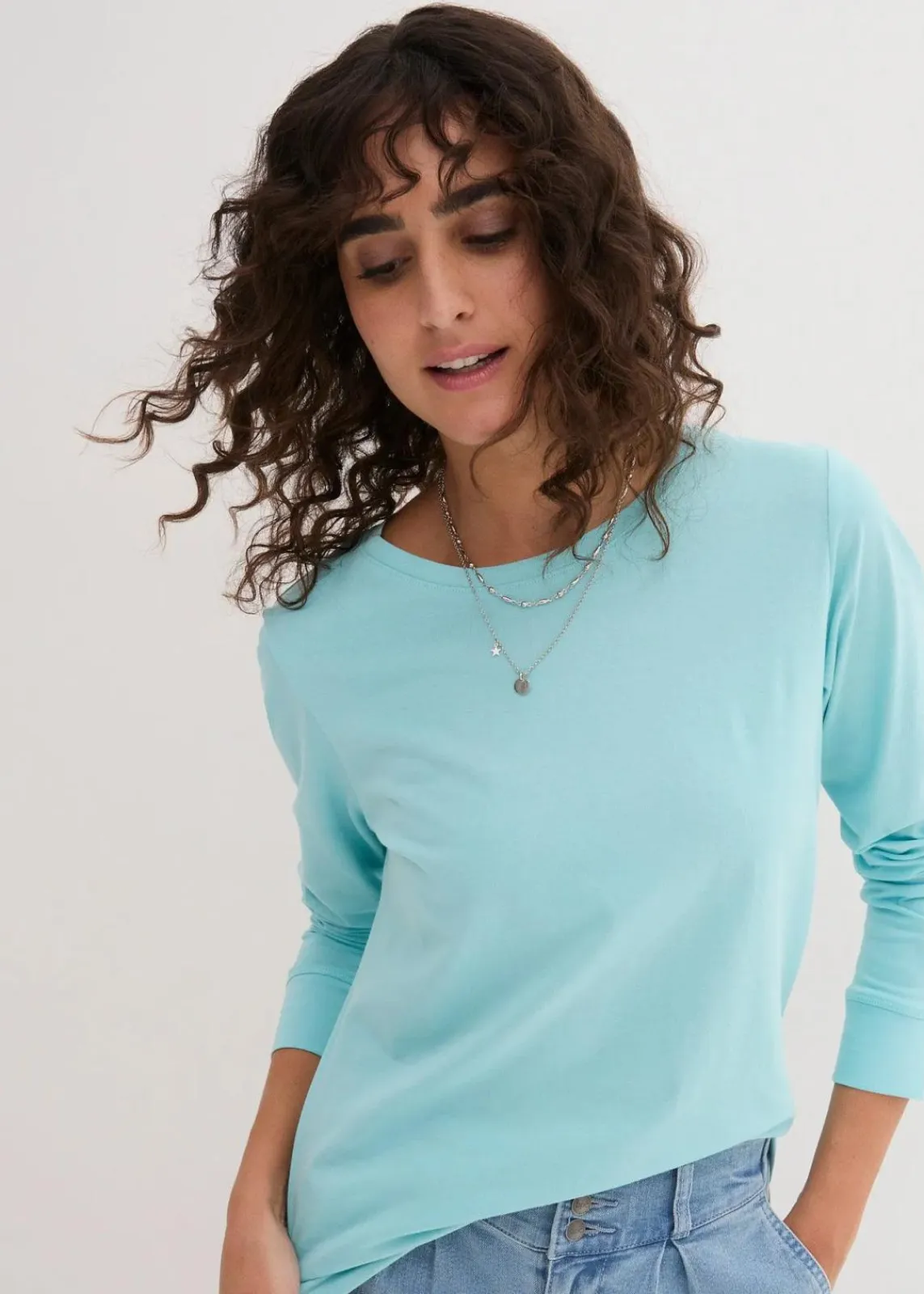 bonprix Shirts & Tops|Basics^Longshirt mit Rundhalsausschnitt, Langarm (5er Pack) kristallrosa + pastellmint + mattaqua + rauchflieder + weiß