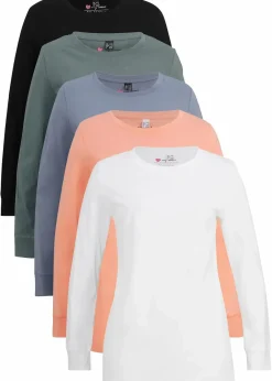 bonprix Bekleidung·Röcke|Basics^Longshirt mit Rundhalsausschnitt, Langarm (5er Pack) eukalyptusgrün + pfirsich + rauchblau + weiß + schwarz