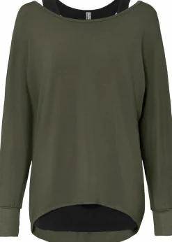bonprix Shirts & Tops|Nachhaltigere Materialien^Longshirt mit Top aus Viskose-Mix dunkeloliv/schwarz