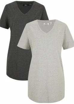 bonprix Basics|Bekleidung·Röcke^Longshirt mit V-Ausschnitt (2er Pack) hellgrau meliert+anthrazit meliert