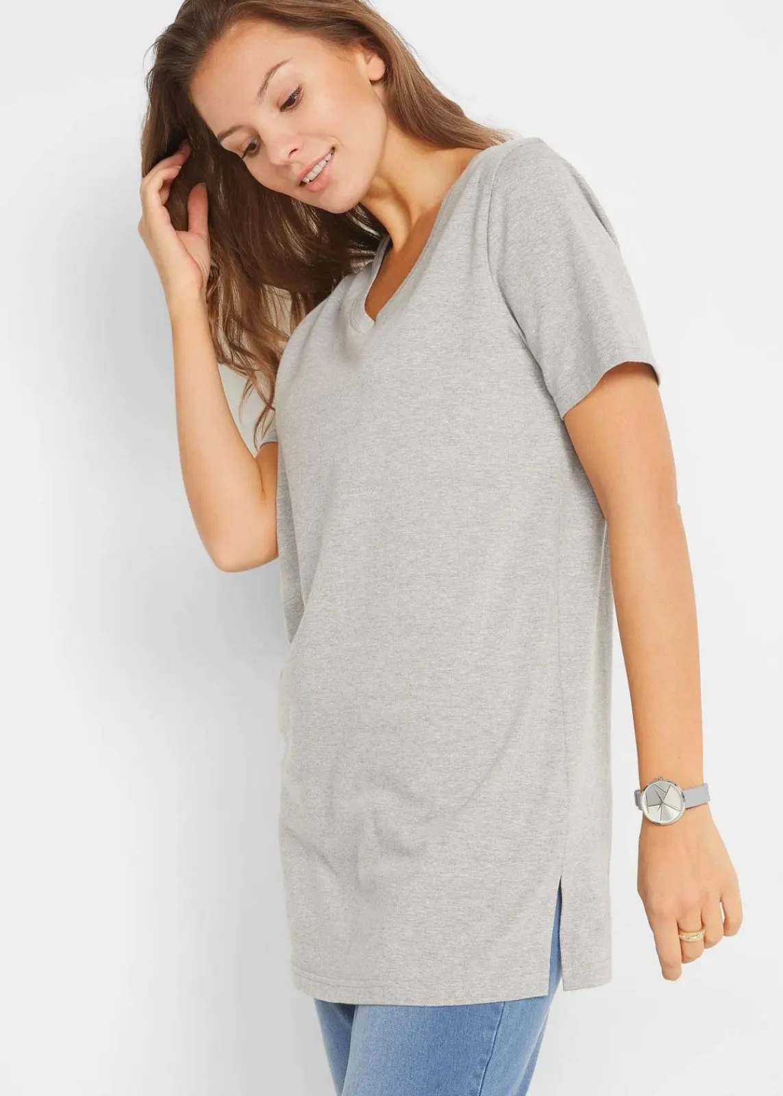 bonprix Basics|Bekleidung·Röcke^Longshirt mit V-Ausschnitt (2er Pack) hellgrau meliert+anthrazit meliert