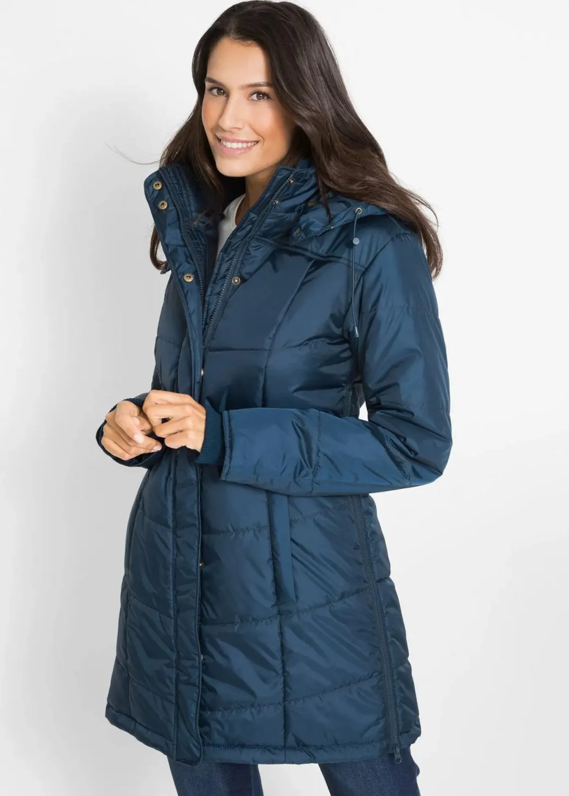 bonprix Jacken & Mäntel|Bekleidung·Hosen^Long-Steppjacke, wattiert mit Kragen und Kapuze dunkelblau