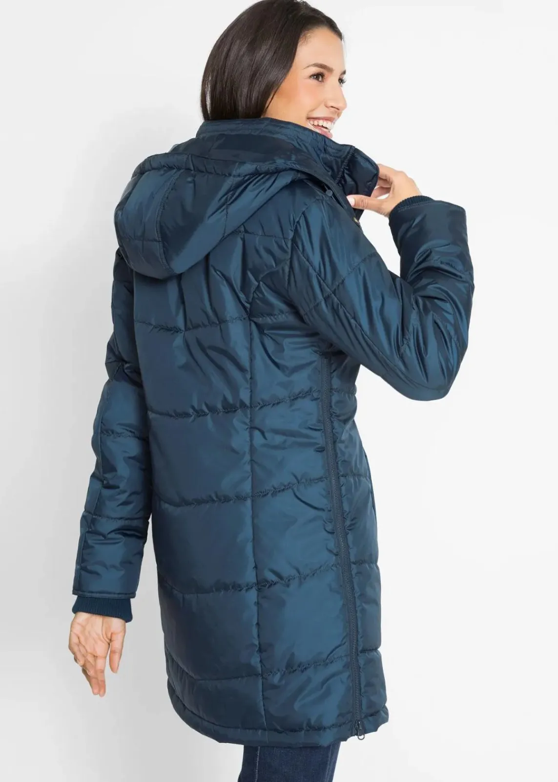 bonprix Jacken & Mäntel|Bekleidung·Hosen^Long-Steppjacke, wattiert mit Kragen und Kapuze dunkelblau