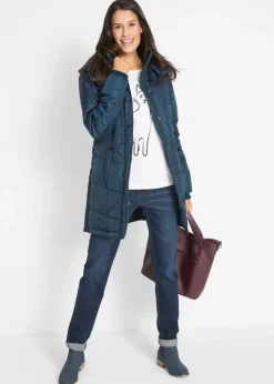 bonprix Jacken & Mäntel|Bekleidung·Hosen^Long-Steppjacke, wattiert mit Kragen und Kapuze dunkelblau