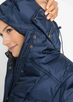 bonprix Jacken & Mäntel|Bekleidung·Hosen^Long-Steppjacke, wattiert mit Kragen und Kapuze dunkelblau