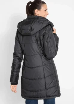 bonprix Bekleidung·Hosen|Jacken & Mäntel^Long-Steppjacke, wattiert mit Kragen und Kapuze schwarz