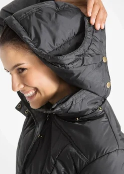 bonprix Bekleidung·Hosen|Jacken & Mäntel^Long-Steppjacke, wattiert mit Kragen und Kapuze schwarz