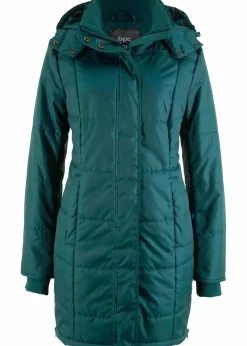 bonprix Jacken & Mäntel|Bekleidung·Hosen^Long-Steppjacke, wattiert mit Kragen und Kapuze petrolgrün