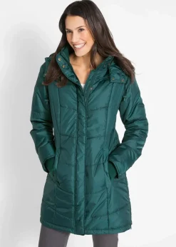 bonprix Jacken & Mäntel|Bekleidung·Hosen^Long-Steppjacke, wattiert mit Kragen und Kapuze petrolgrün