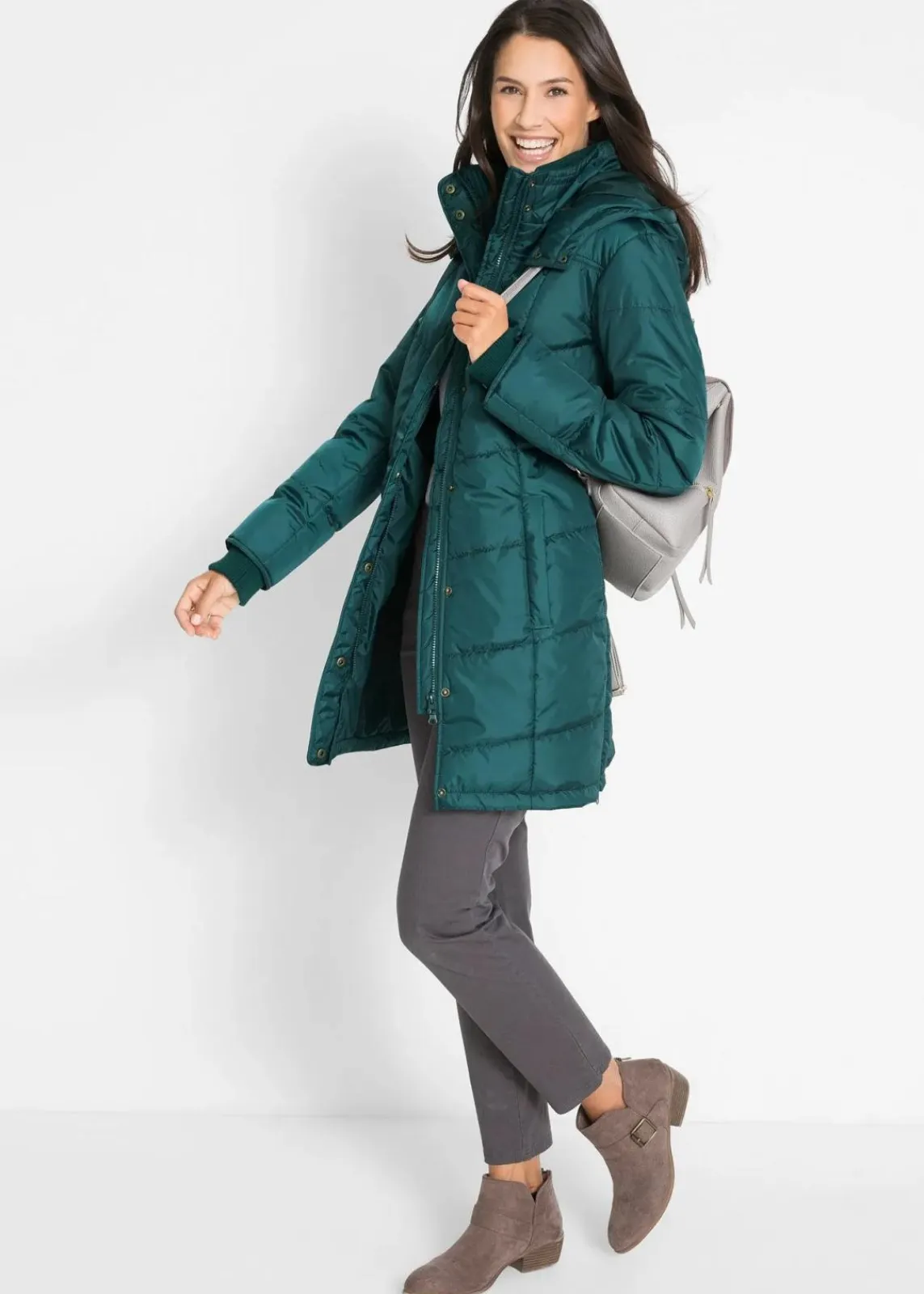 bonprix Jacken & Mäntel|Bekleidung·Hosen^Long-Steppjacke, wattiert mit Kragen und Kapuze petrolgrün