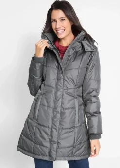 bonprix Jacken & Mäntel|Bekleidung·Hosen^Long-Steppjacke, wattiert mit Kragen und Kapuze rauchgrau