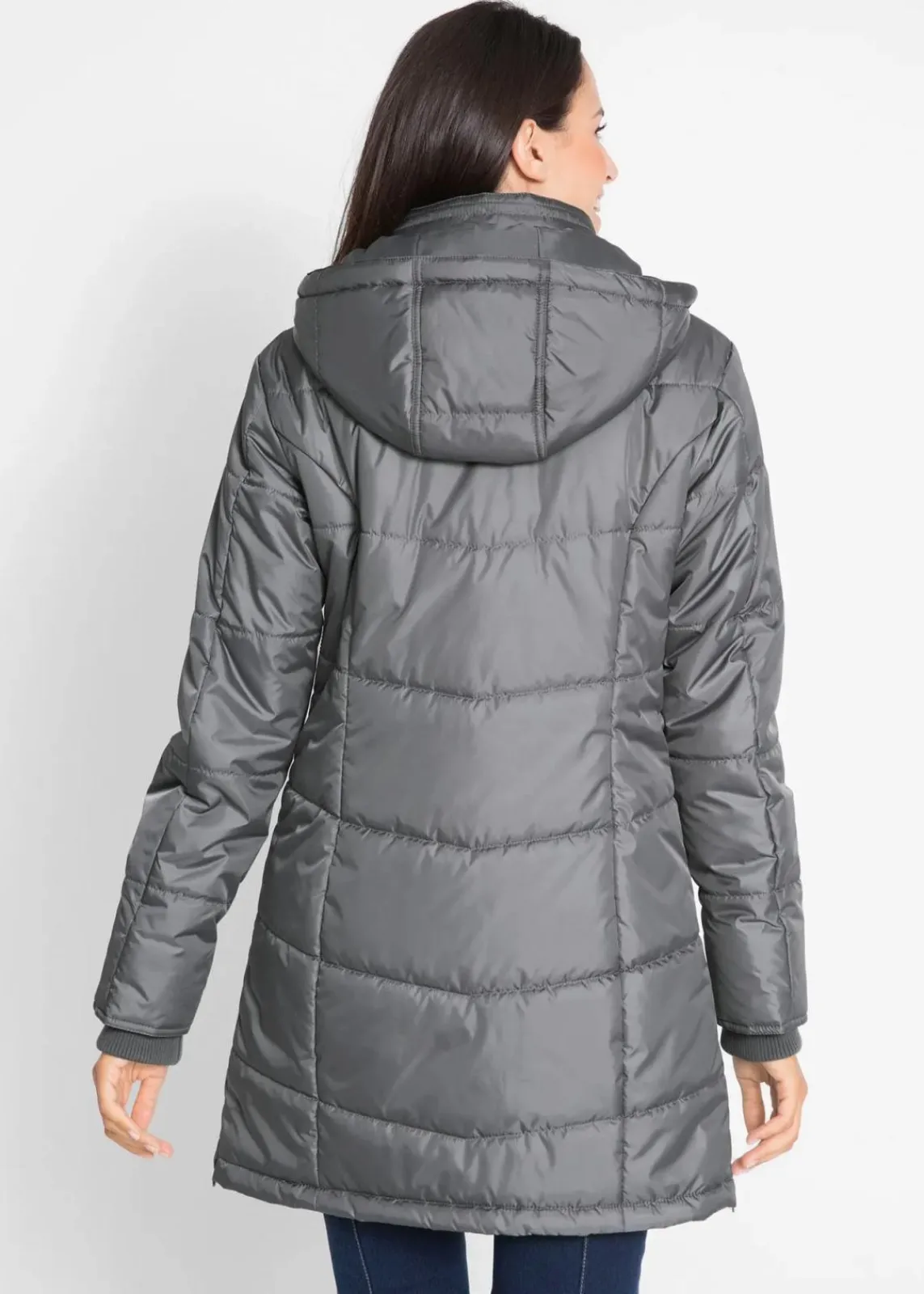 bonprix Jacken & Mäntel|Bekleidung·Hosen^Long-Steppjacke, wattiert mit Kragen und Kapuze rauchgrau