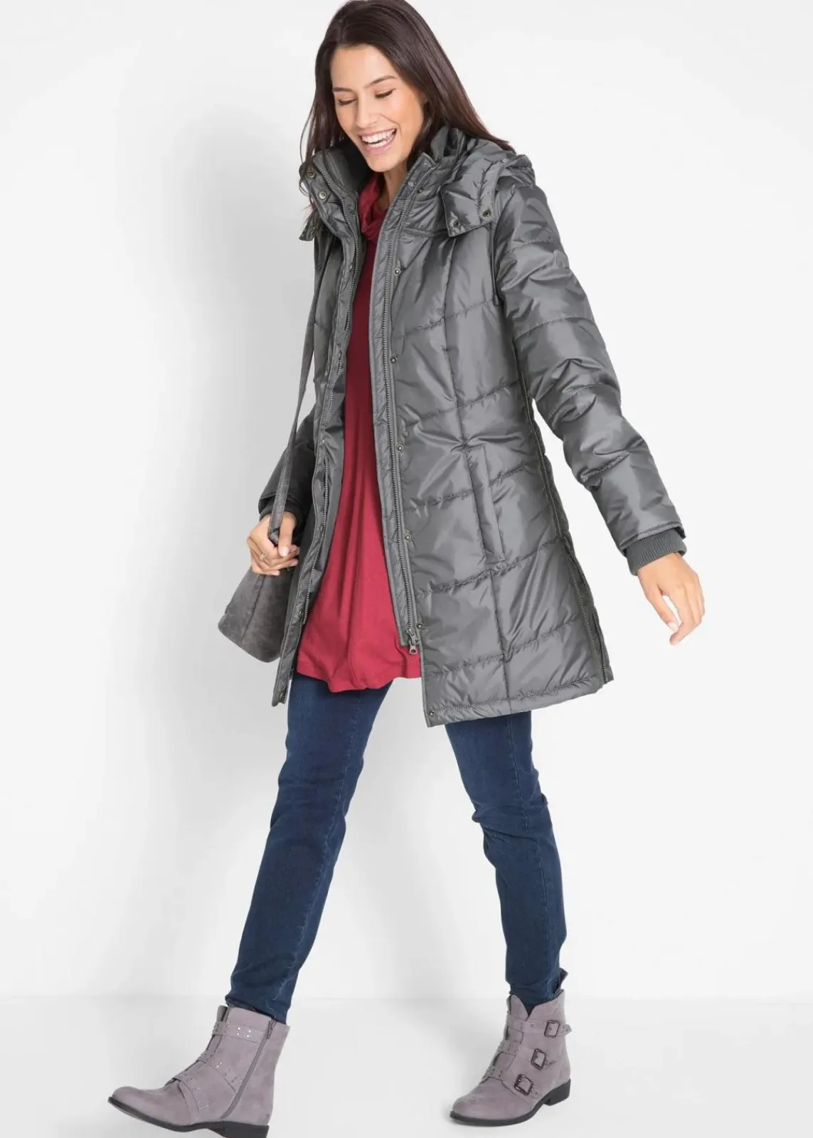 bonprix Jacken & Mäntel|Bekleidung·Hosen^Long-Steppjacke, wattiert mit Kragen und Kapuze rauchgrau
