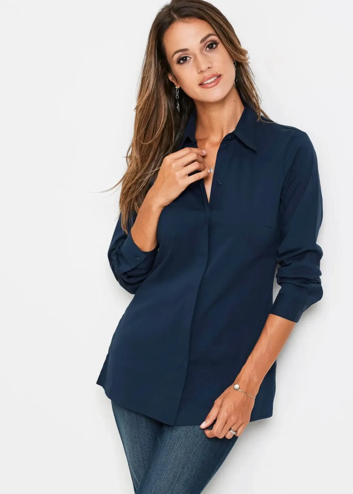 bonprix Blusen & Tuniken|Bekleidung·Jacken & Mäntel^Long-Stretch-Bluse dunkelblau