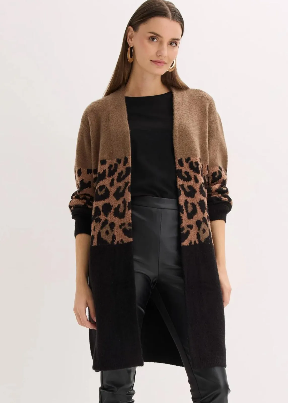 bonprix Bekleidung·Umstandsmode|Bekleidung·Jeans^Longstrickjacke hellbraun/schwarz leo