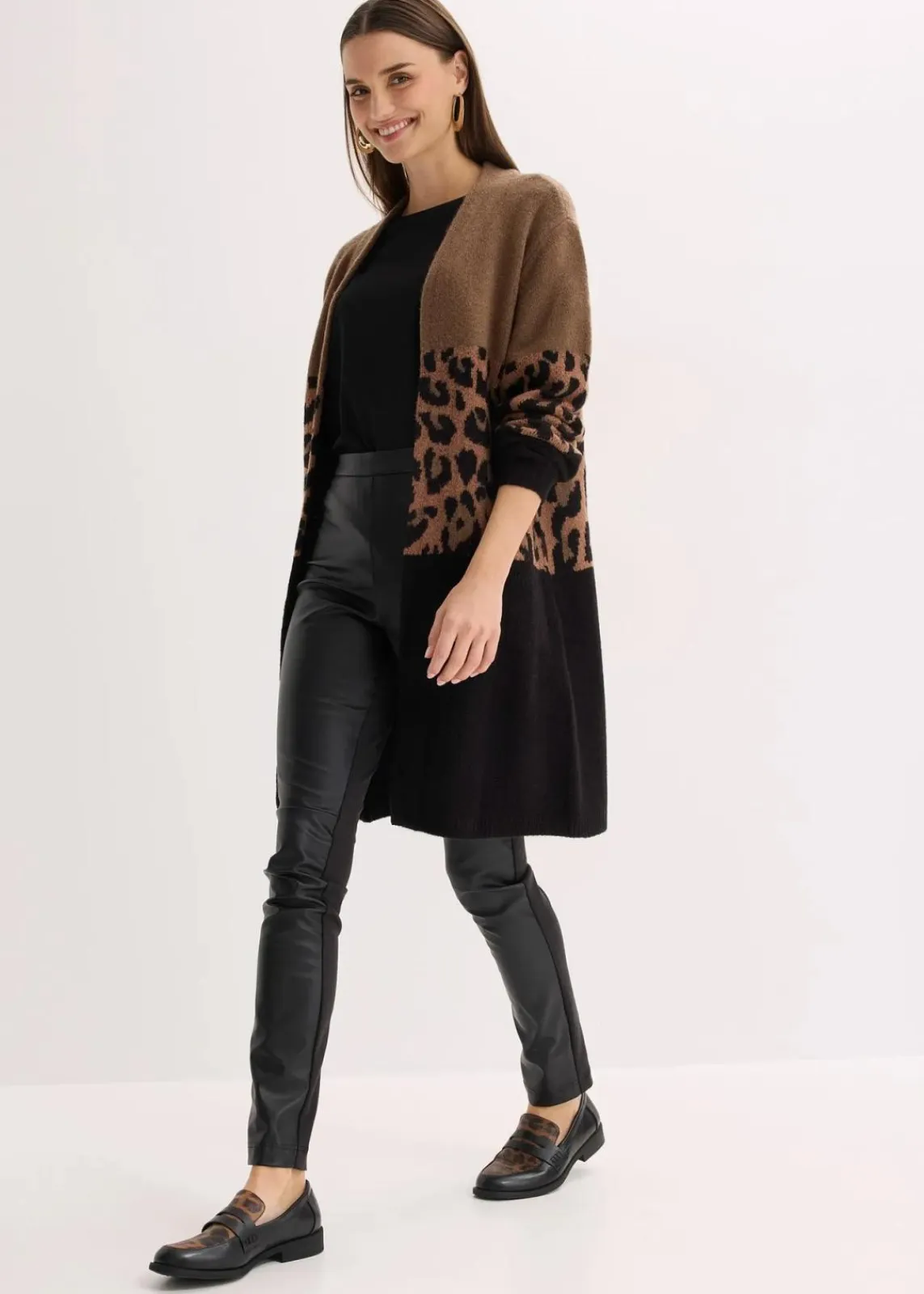 bonprix Bekleidung·Umstandsmode|Bekleidung·Jeans^Longstrickjacke hellbraun/schwarz leo