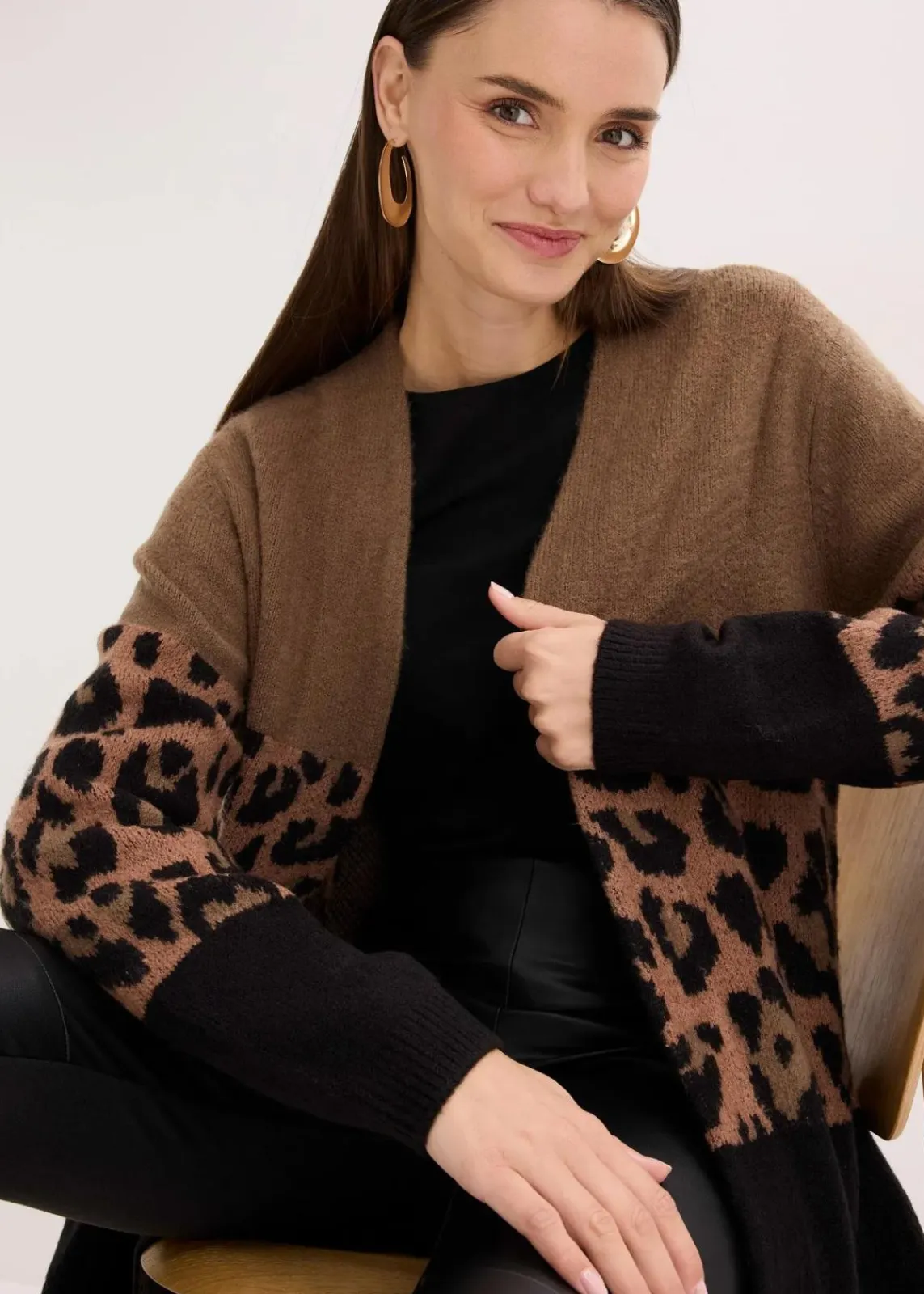 bonprix Bekleidung·Umstandsmode|Bekleidung·Jeans^Longstrickjacke hellbraun/schwarz leo