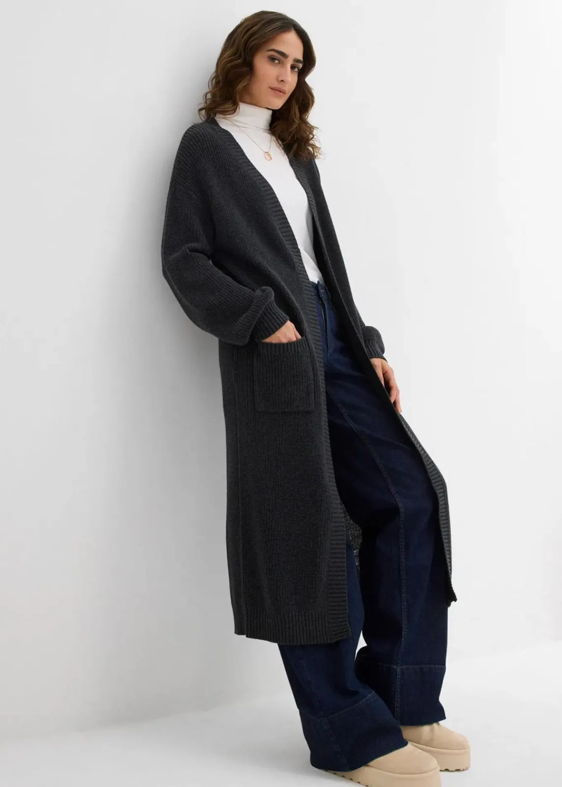 bonprix Bekleidung·Umstandsmode|Strickmode^Longstrickjacke mit überschnittener Schulter anthrazit meliert meliert