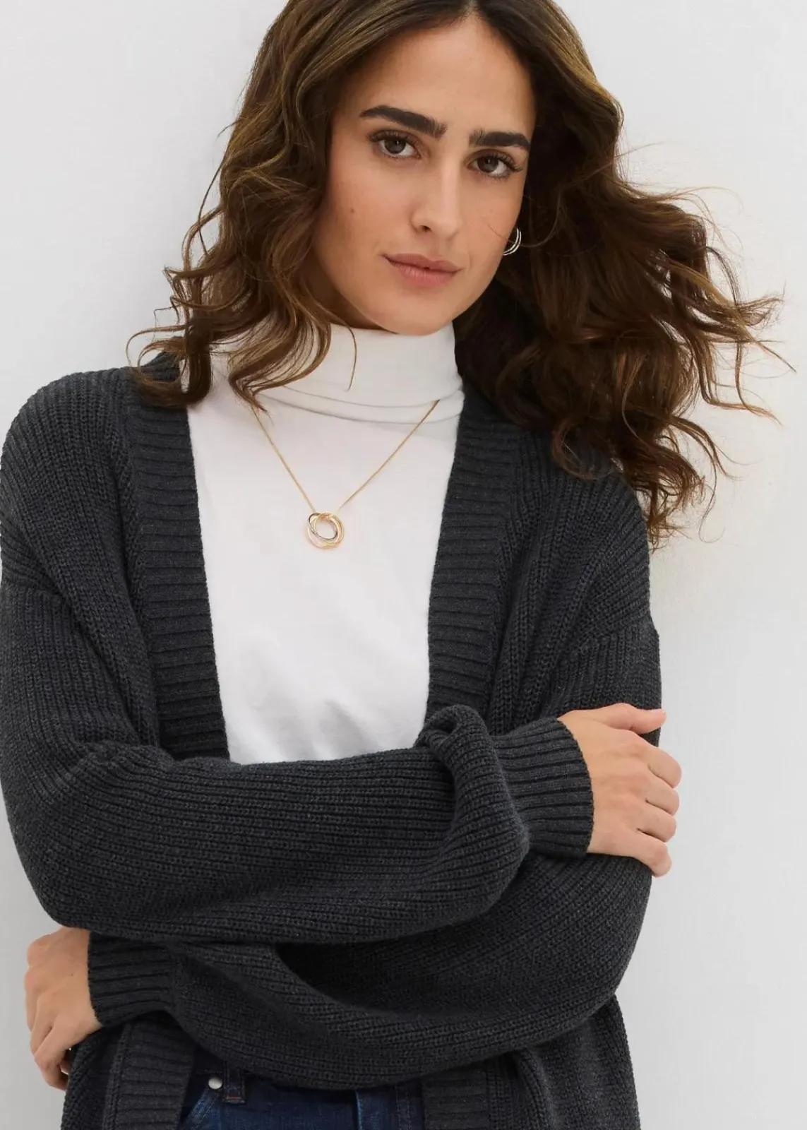bonprix Bekleidung·Umstandsmode|Strickmode^Longstrickjacke mit überschnittener Schulter anthrazit meliert meliert