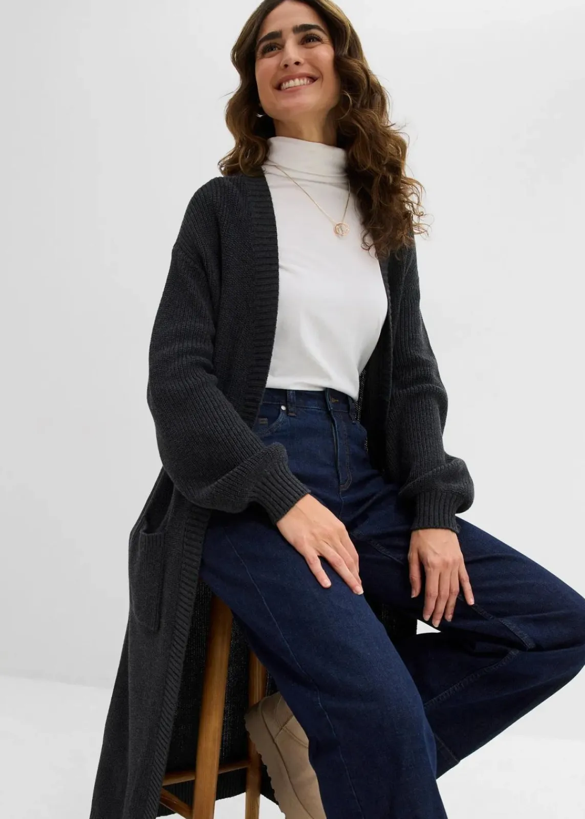 bonprix Bekleidung·Umstandsmode|Strickmode^Longstrickjacke mit überschnittener Schulter anthrazit meliert meliert