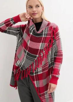 bonprix Bekleidung·Umstandsmode|Bekleidung·Jeans^Longstrickjacke mit Fransen granatrot kariert