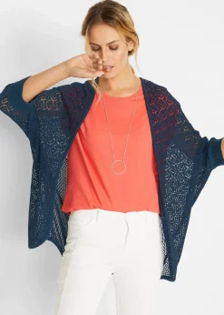 bonprix Pullover & Strickjacken|Strickmode^Longstrickjacke mit Lochmuster dunkelblau