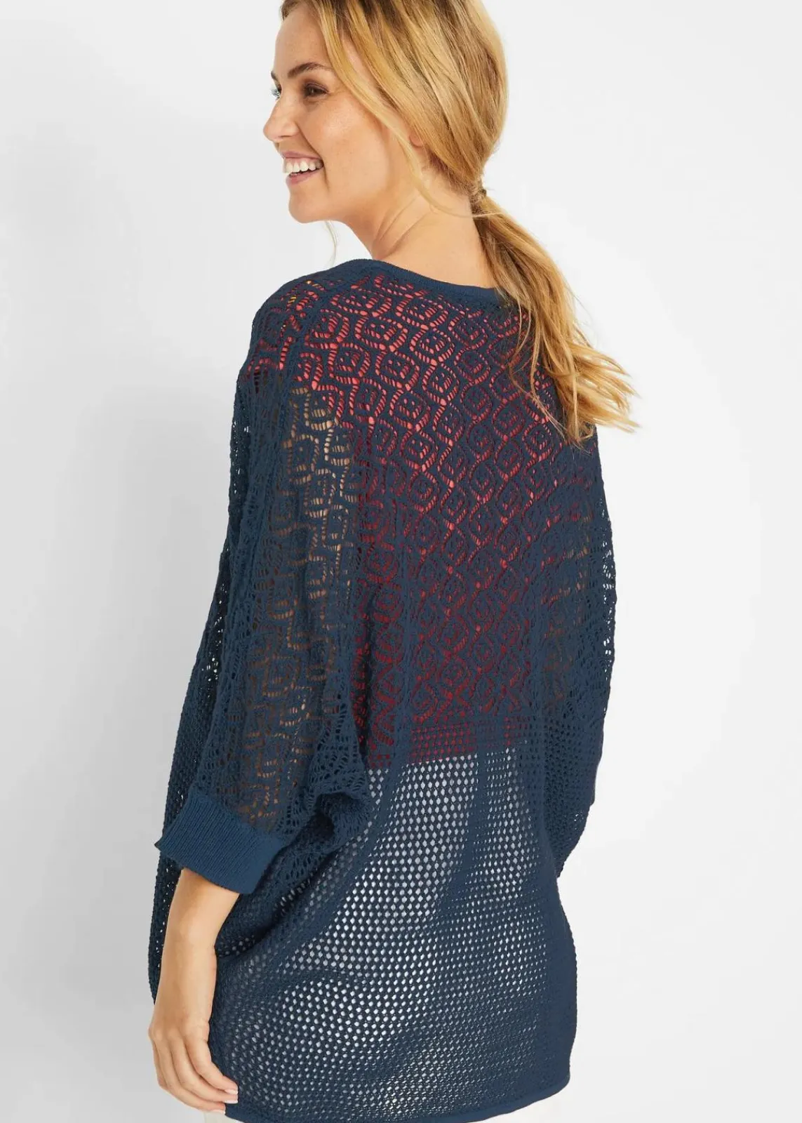 bonprix Pullover & Strickjacken|Strickmode^Longstrickjacke mit Lochmuster dunkelblau