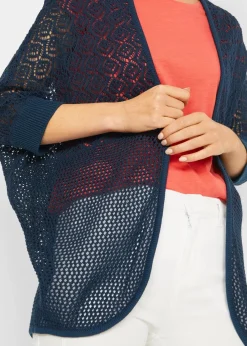 bonprix Pullover & Strickjacken|Strickmode^Longstrickjacke mit Lochmuster dunkelblau