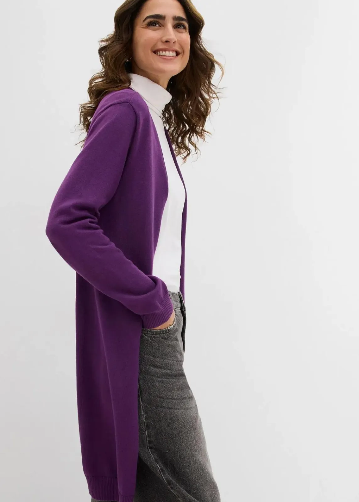 bonprix Strickmode|Pullover & Strickjacken^Longstrickjacke mit Rollkanten tiefviolett