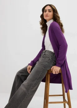 bonprix Strickmode|Pullover & Strickjacken^Longstrickjacke mit Rollkanten tiefviolett