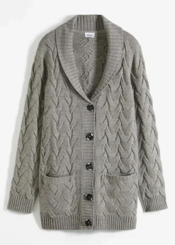 bonprix Bekleidung·Umstandsmode|Pullover & Strickjacken^Longstrickjacke mit Schalkragen und Zopfmuster grau meliert
