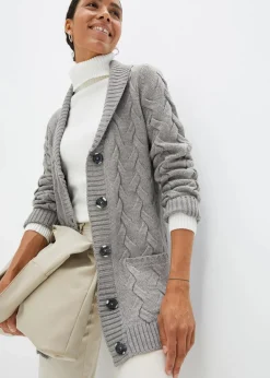 bonprix Bekleidung·Umstandsmode|Pullover & Strickjacken^Longstrickjacke mit Schalkragen und Zopfmuster grau meliert