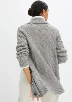 bonprix Bekleidung·Umstandsmode|Pullover & Strickjacken^Longstrickjacke mit Schalkragen und Zopfmuster grau meliert