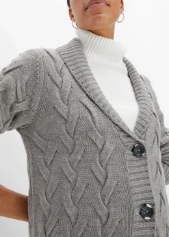 bonprix Bekleidung·Umstandsmode|Pullover & Strickjacken^Longstrickjacke mit Schalkragen und Zopfmuster grau meliert