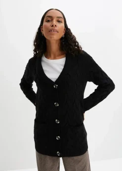 bonprix Bekleidung·Umstandsmode|Pullover & Strickjacken^Longstrickjacke mit Schalkragen und Zopfmuster schwarz