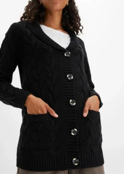 bonprix Bekleidung·Umstandsmode|Pullover & Strickjacken^Longstrickjacke mit Schalkragen und Zopfmuster schwarz