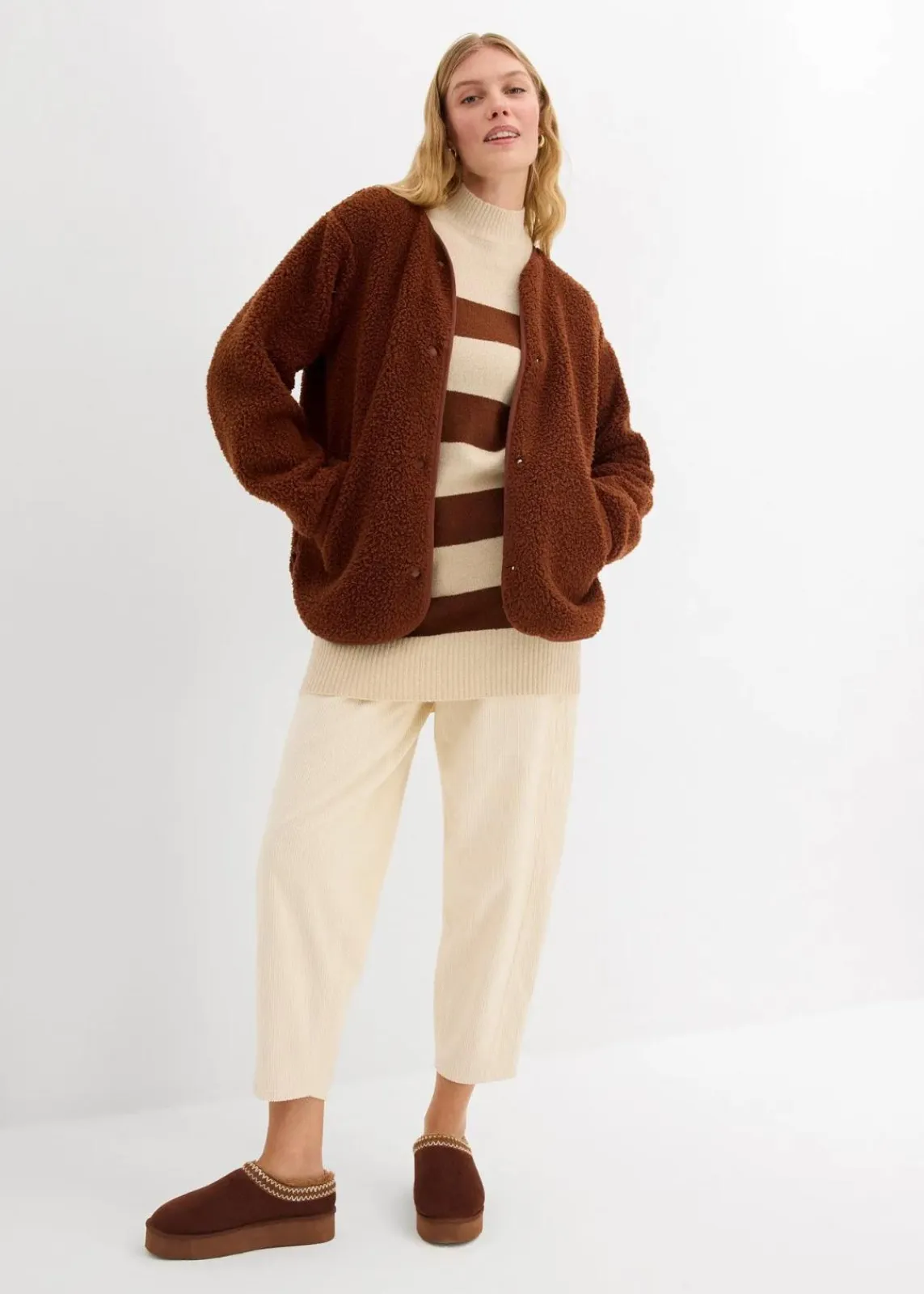 bonprix Pullover & Strickjacken|Basics^Long-Strickpullover ziegelbraun/hellsand gestreift