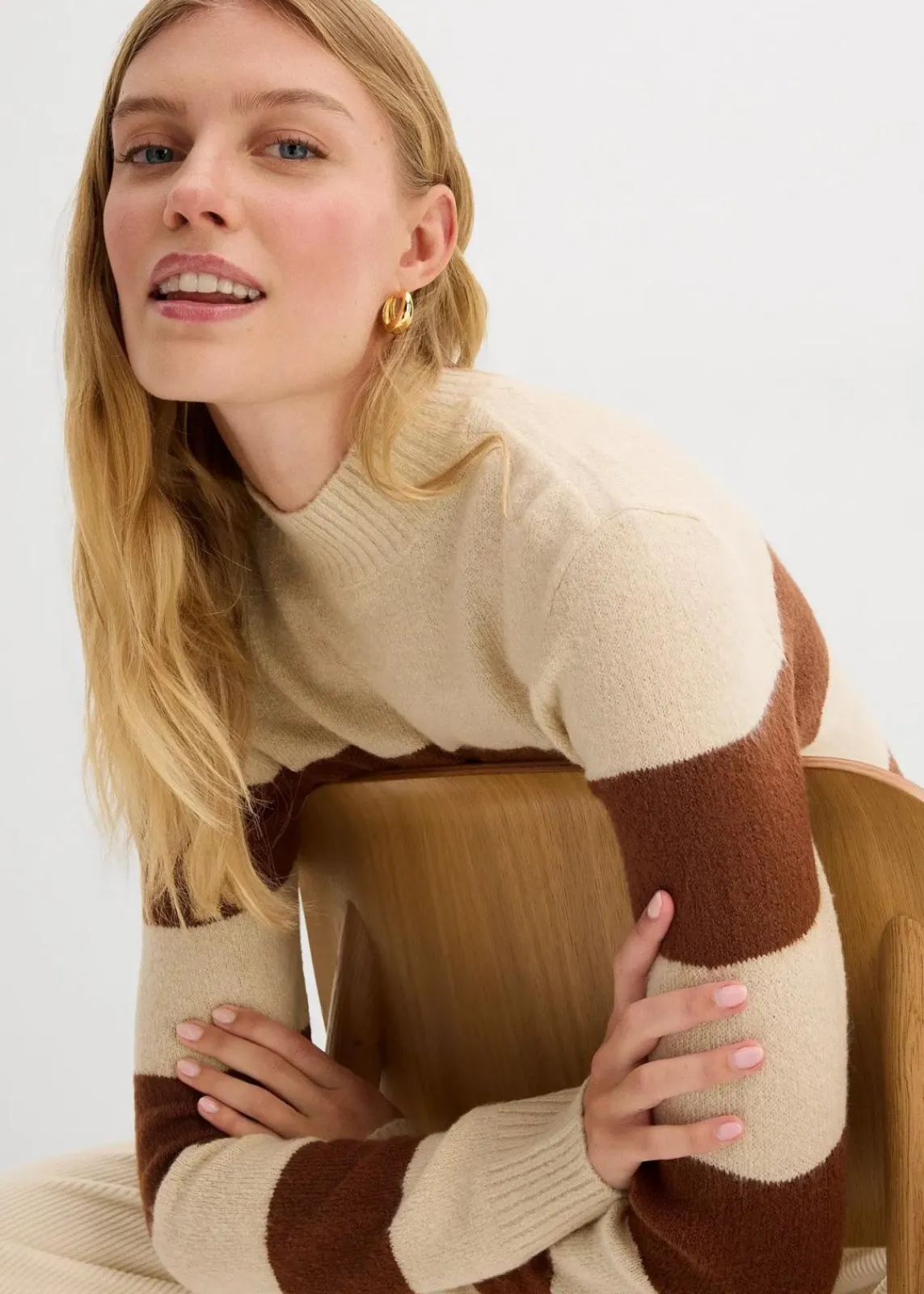 bonprix Pullover & Strickjacken|Basics^Long-Strickpullover ziegelbraun/hellsand gestreift
