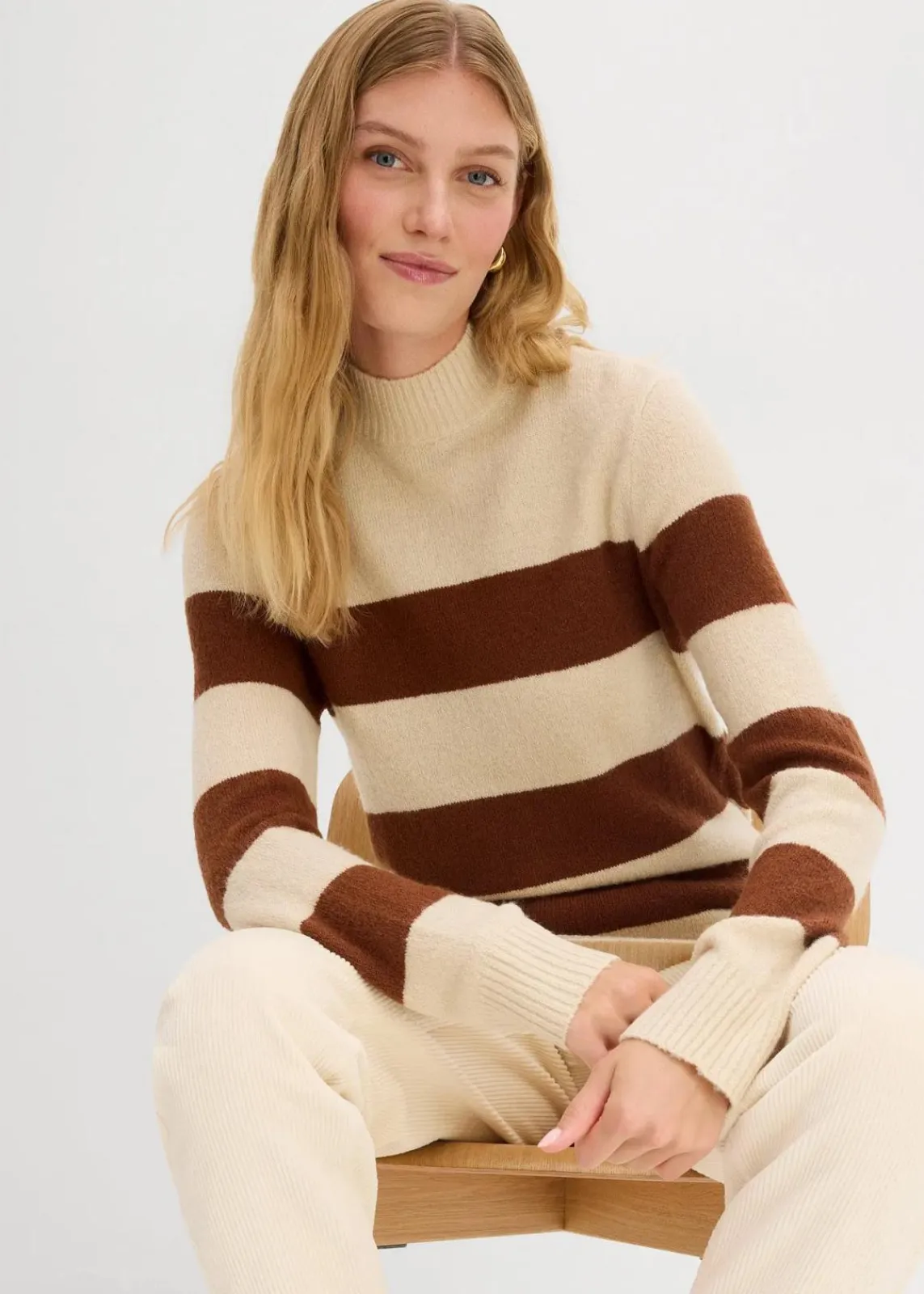 bonprix Pullover & Strickjacken|Basics^Long-Strickpullover ziegelbraun/hellsand gestreift