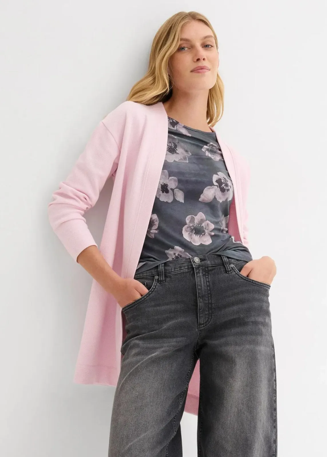 bonprix Sweat|Bekleidung·Blusen & Tuniken^Long-Sweatjacke aus weichem Baumwoll-Mix puderflieder