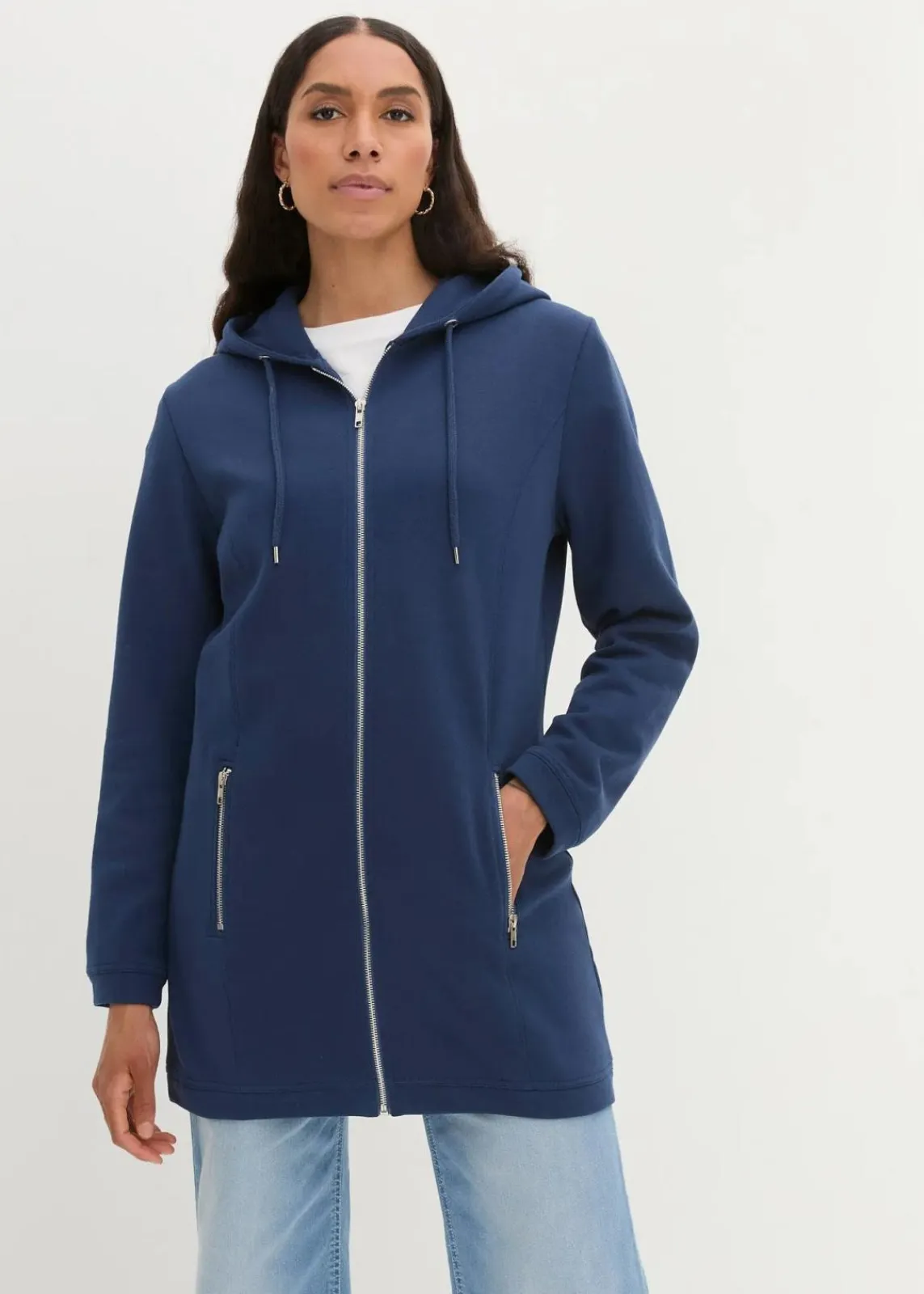 bonprix Sweat|Bekleidung·Blusen & Tuniken^Long-Sweatjacke mit Reißverschlusstaschen tiefblau
