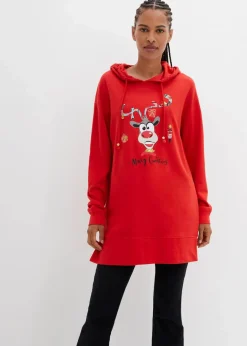 bonprix Sweat|Bekleidung·Blusen & Tuniken^Long-Sweatshirt mit Seitenschlitz und Kapuze erdbeere