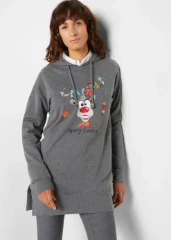 bonprix Bekleidung·Blusen & Tuniken|Sweat^Long-Sweatshirt mit Seitenschlitz und Kapuze grau meliert