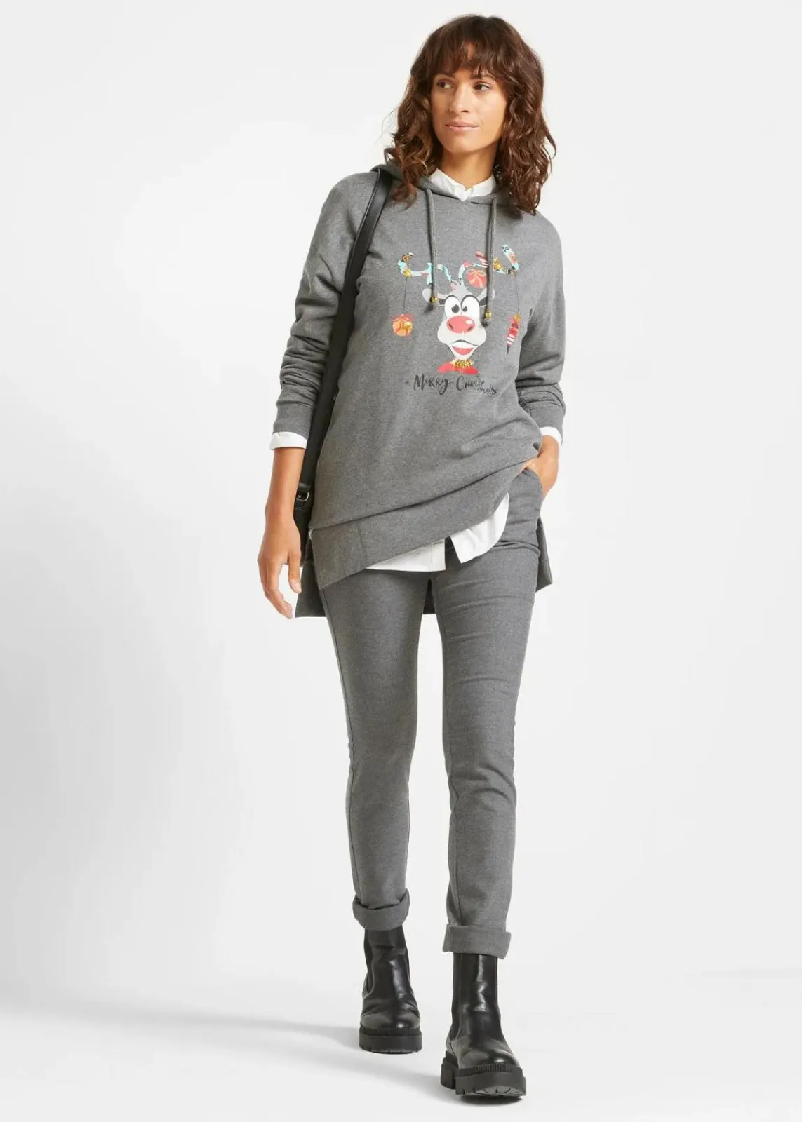 bonprix Bekleidung·Blusen & Tuniken|Sweat^Long-Sweatshirt mit Seitenschlitz und Kapuze grau meliert