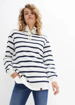 bonprix Sweat|Bekleidung·Blusen & Tuniken^Longsweatshirt mit Troyer-Kragen wollweiß gestreift